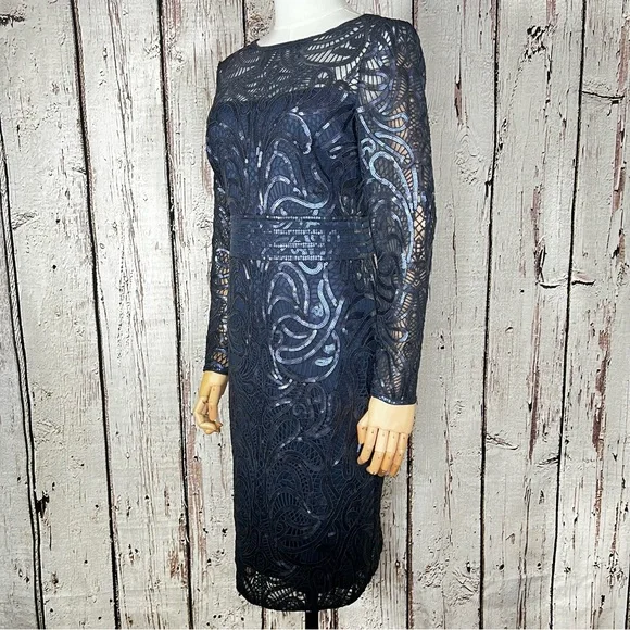 Tadashi Shoji Sequins Swirl Fitted Lace Long-Sleeve Cocktail Dress Size 2 EUC - Picture 7 of 16